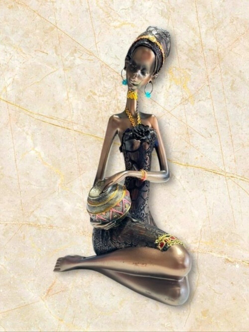 African Woman Figurine Hand Painted Tribal Culture Sculpture 10.5" Decor - Picture 2 of 14